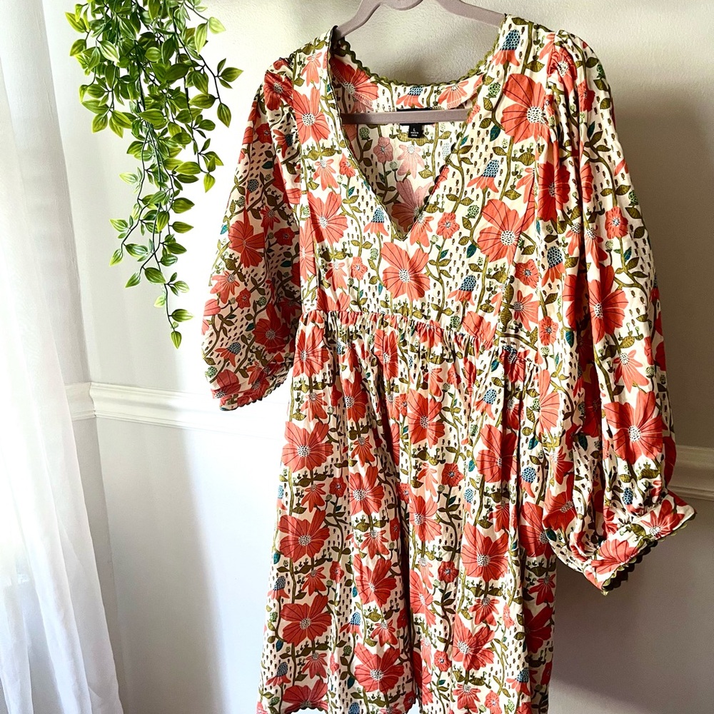 Floral Long Sleeve Dress - Red and Green